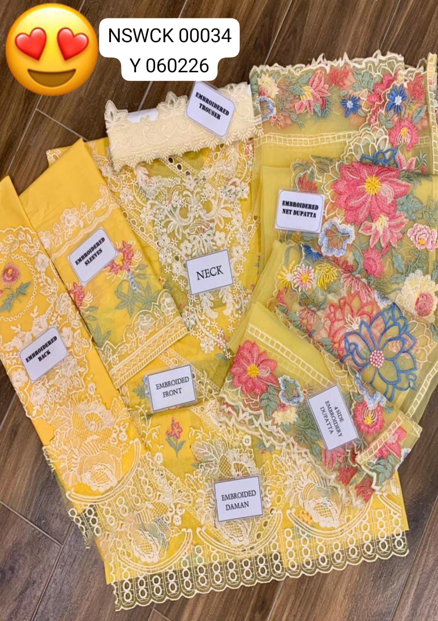 Fancy Yellow Heavy Embroidered Cotton Organza Unstitched 3 piece