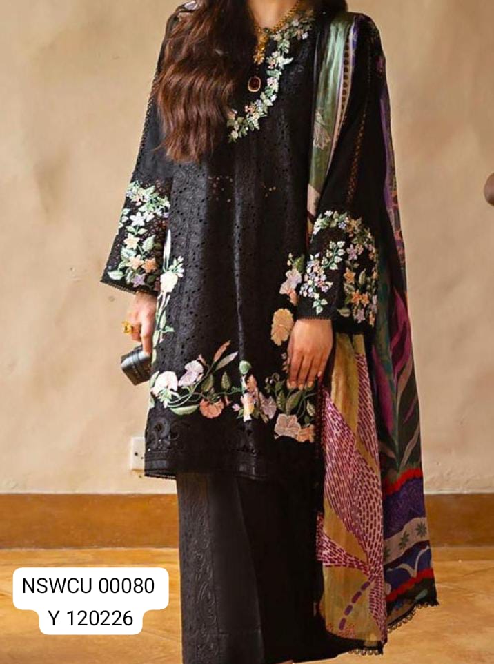 BLACK CHICKENKARI EMBROIDERED LAWN UNSTITCHED 3 PIECE