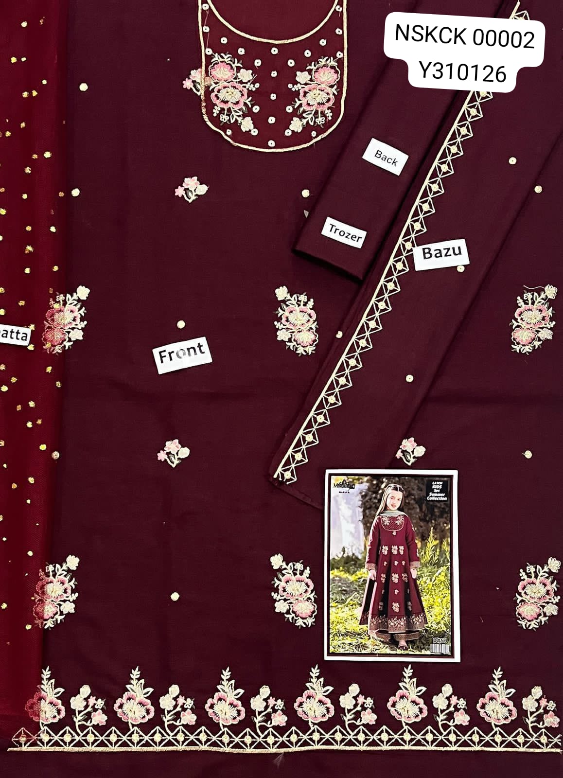 KIDS -Maroon Lawn Embroided Suit Unstitched 3 piece