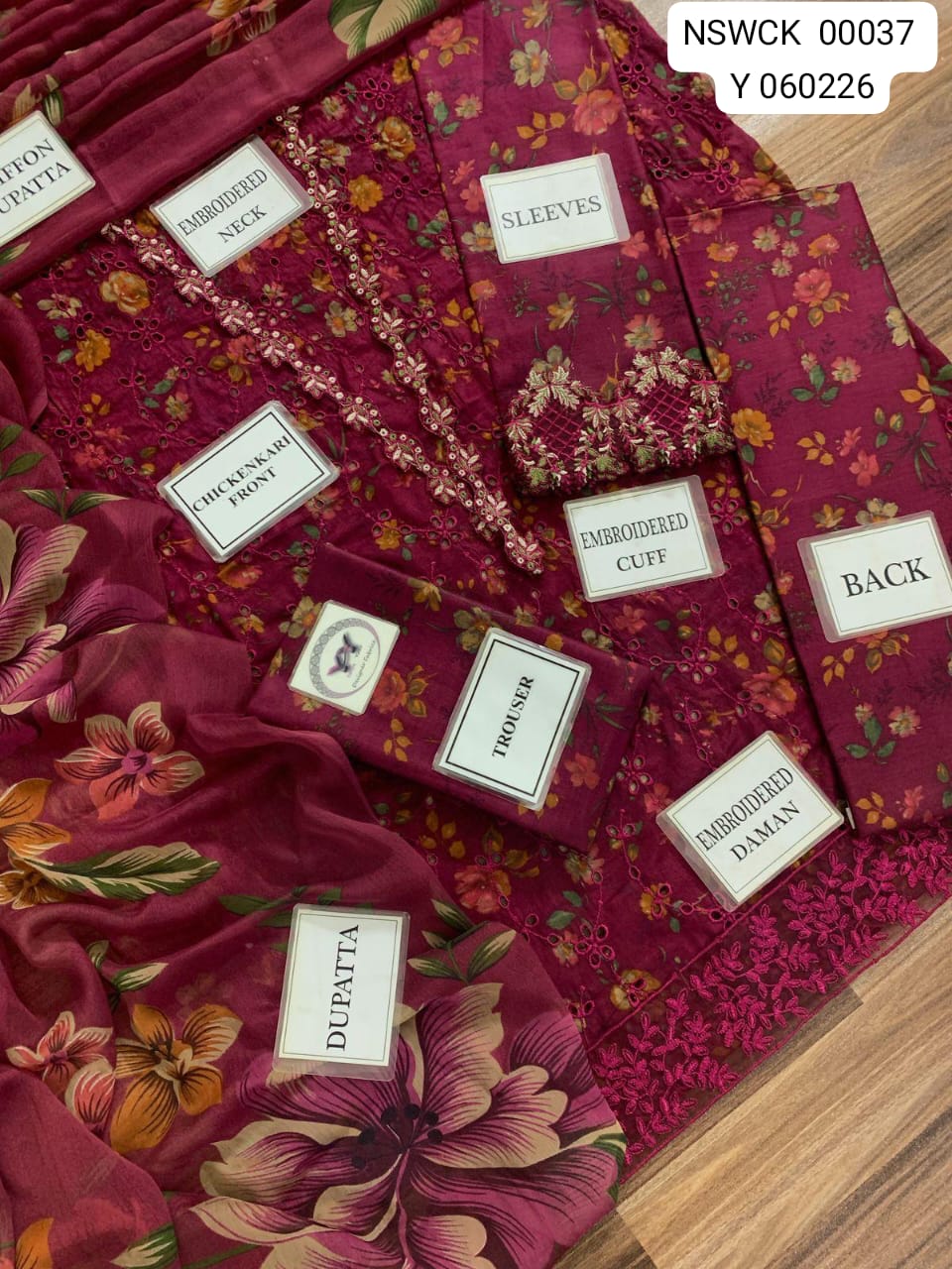 Maroon Chikenkari Embroidered Festive wear Unstitched 3 piece