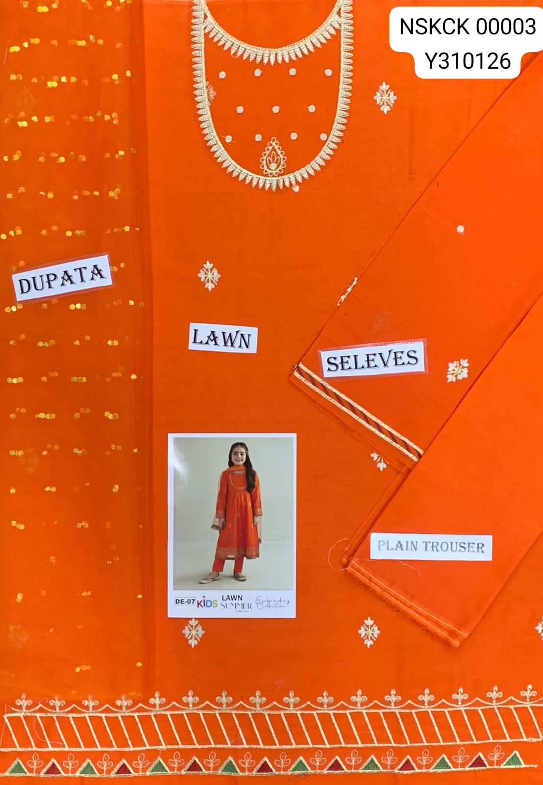 KIDS -Orange Lawn Embroided Suit Unstitched 3 piece