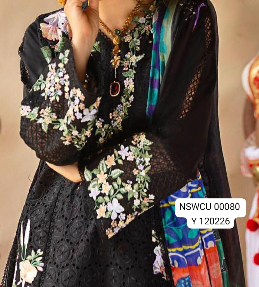 BLACK CHICKENKARI EMBROIDERED LAWN UNSTITCHED 3 PIECE