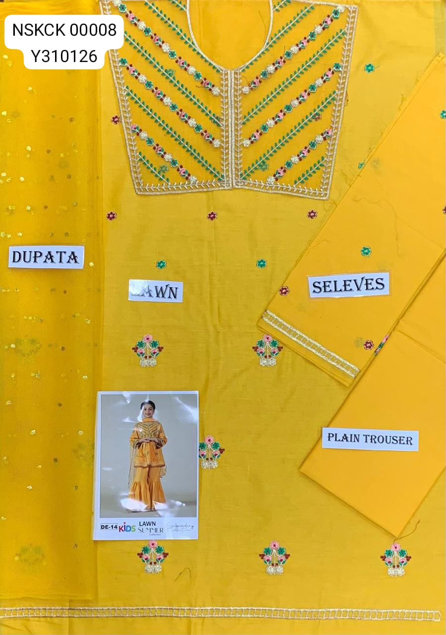 KIDS -Yellow Lawn Embroided Suit Unstitched 3 piece