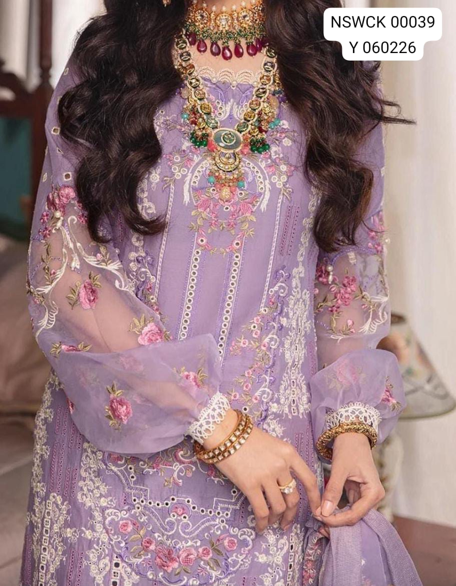 Light Purple Heavily Embroidered Cutwork Cotton net & Lawn Unstitched 3 piece