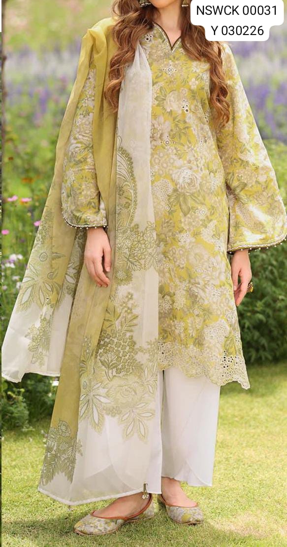 Beige embroidered printed lawn - Unstitched 3 piece