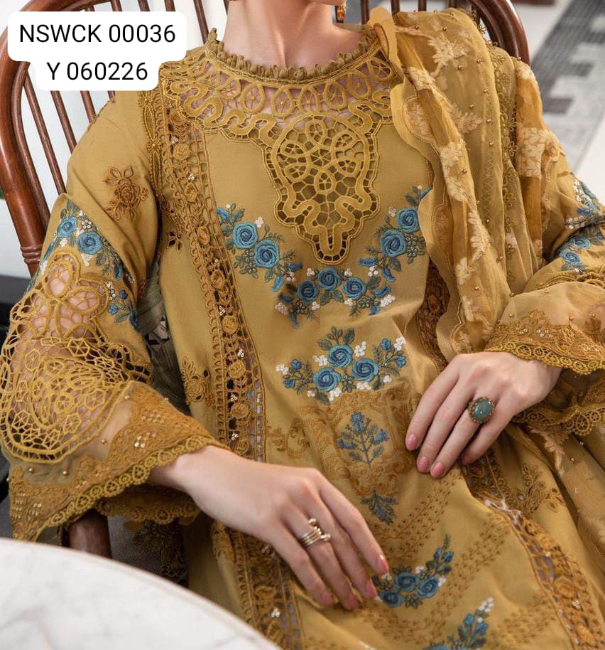 Mustard Heavy Embroidered Chikenkari (cotton) Unstitched 3 piece suit