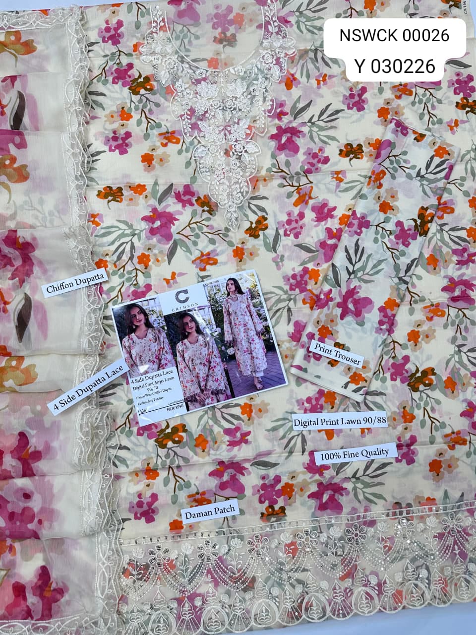 Off-white embroidered printed lawn - 3 piece unstitched