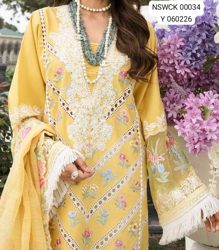 Fancy Yellow Heavy Embroidered Cotton Organza Unstitched 3 piece