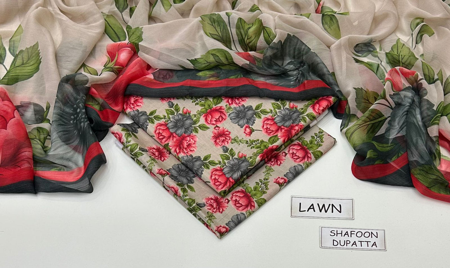 Grey Printed Lawn Unstitched 3 Piece