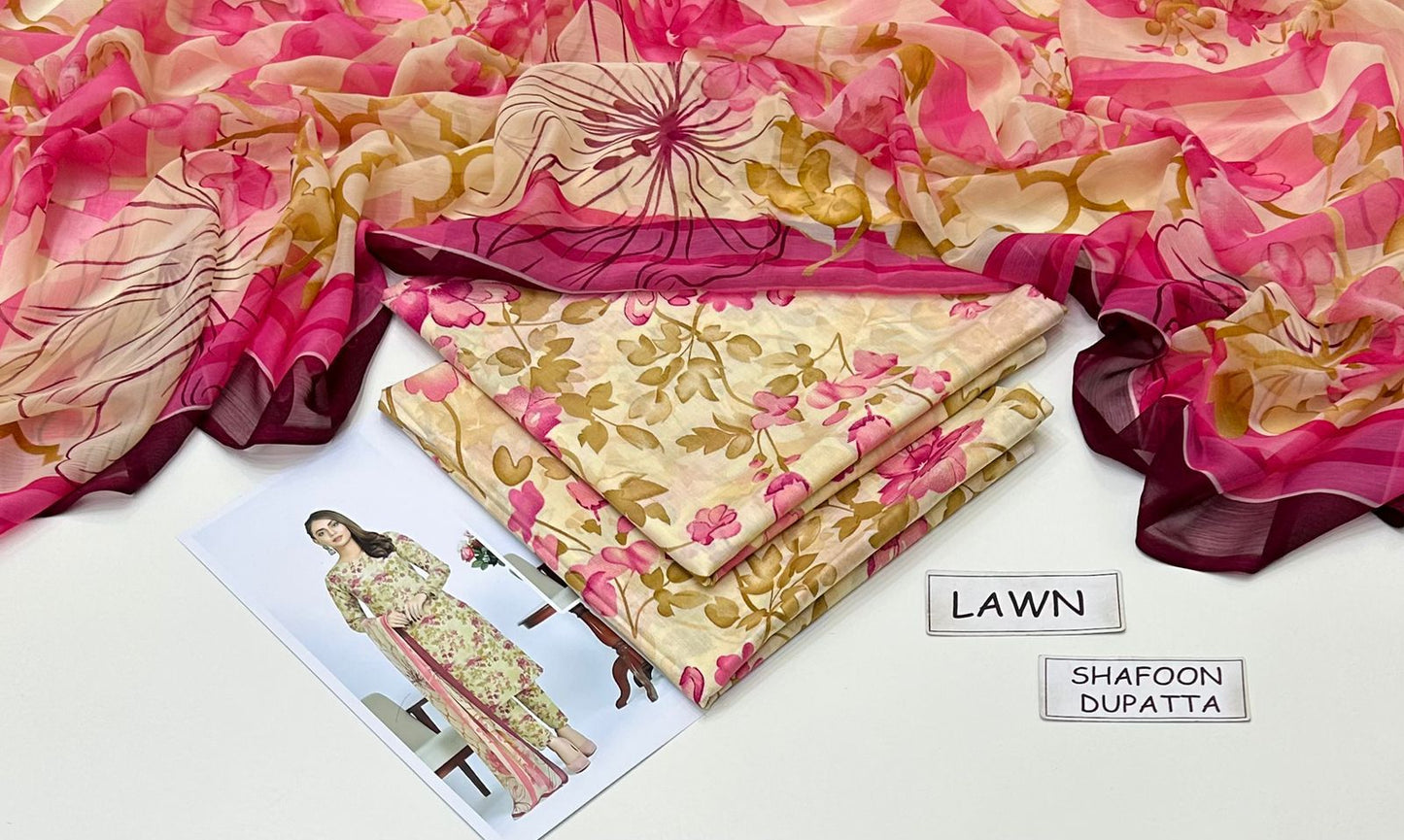 Multicolor Printed Lawn Unstitched 3 PC (chiffon dupatta )