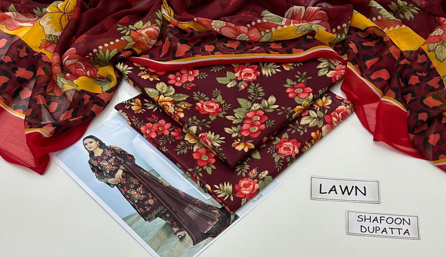 Brown Lawn Printed Unstitched 3 PC