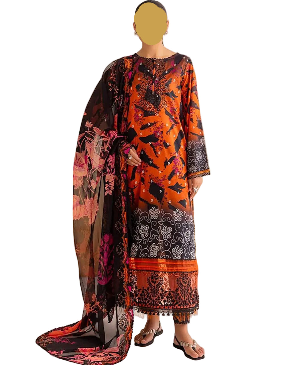 Orange Printed Lawn unstitched 3 piece