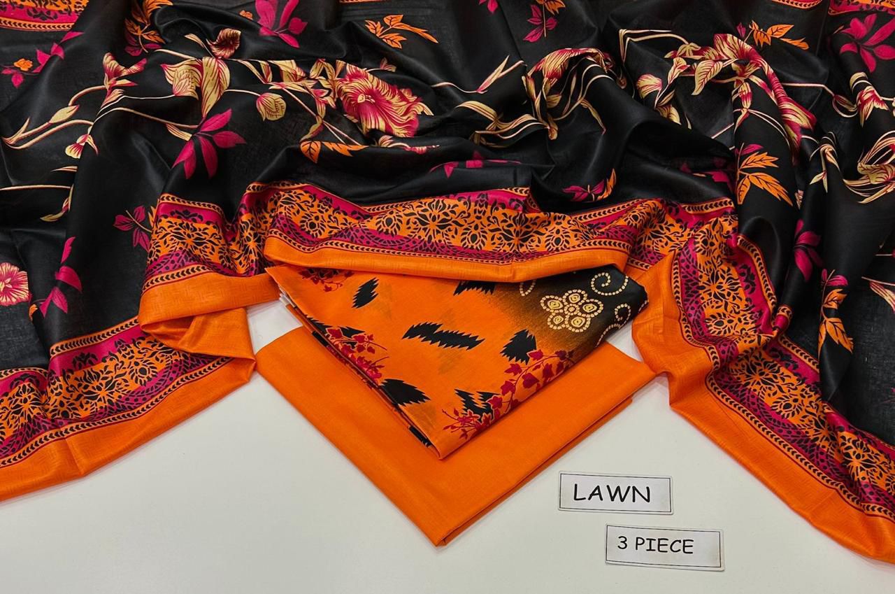 Orange Printed Lawn unstitched 3 piece