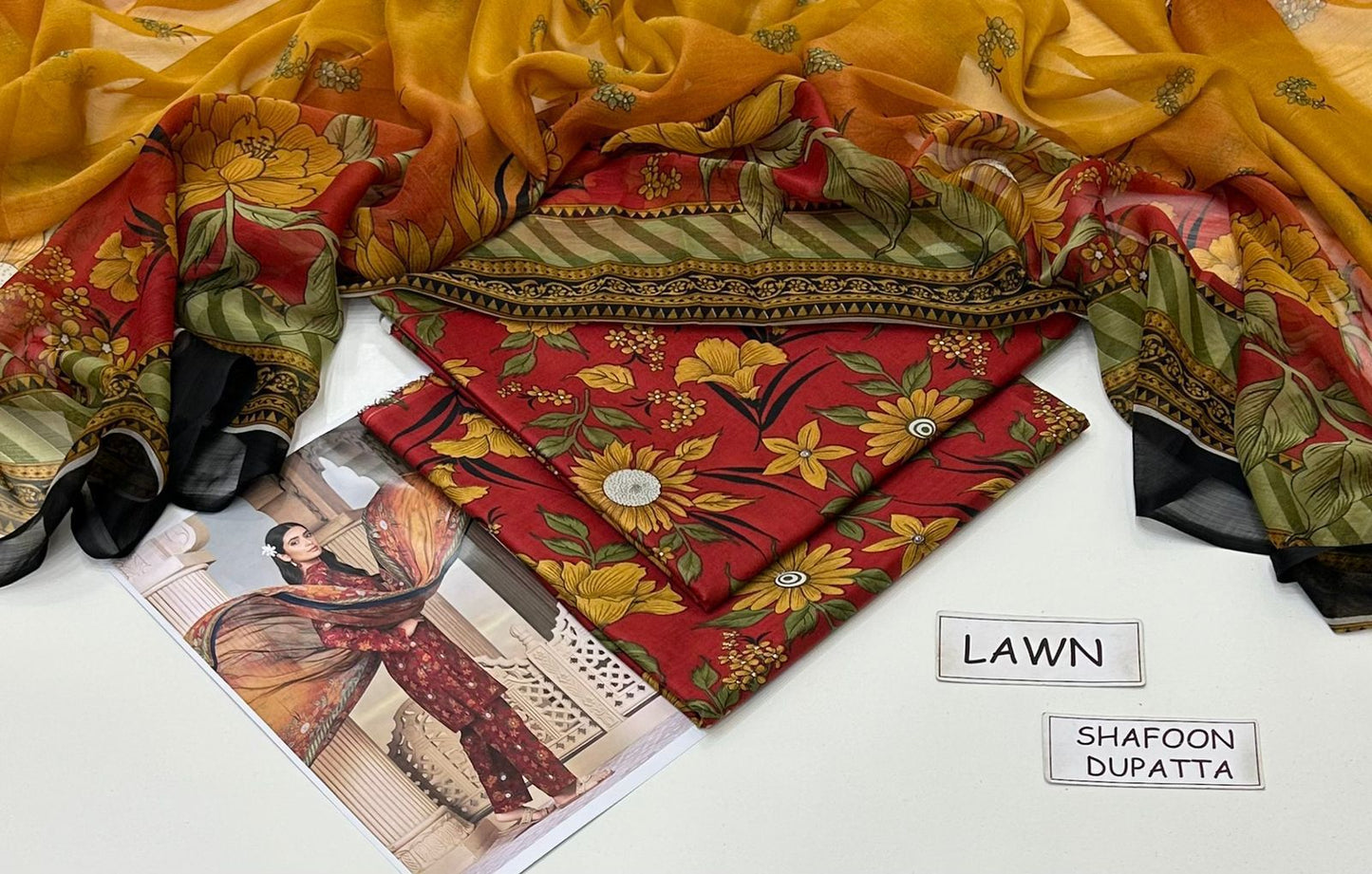 Multicolor Lawn Printed Unstitched 3 PC (chiffon dupatta)