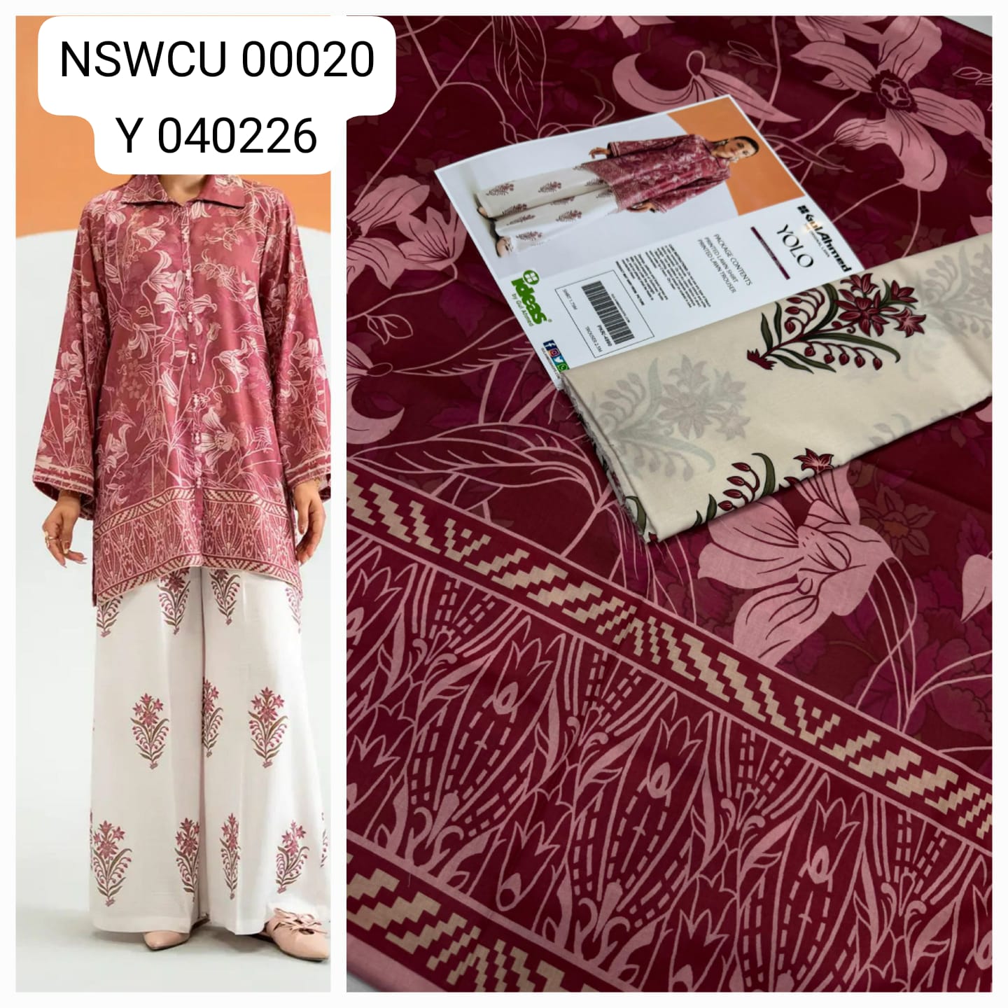 Maroon Lawn Printed Co Ord set Unstitched 2 piece