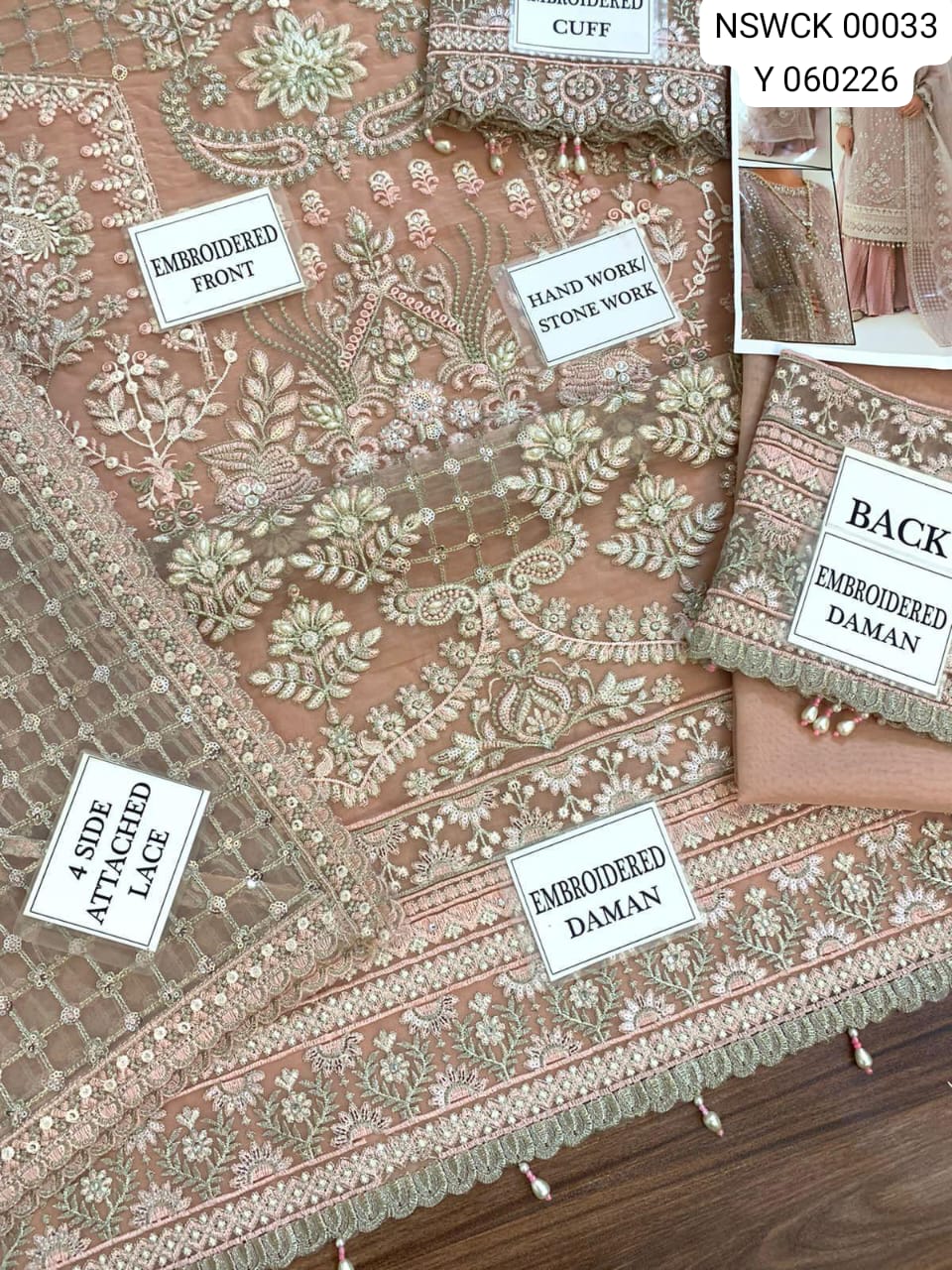 Fancy Peach Organza Silk Heavy Embroidered Unstitched 3 piece