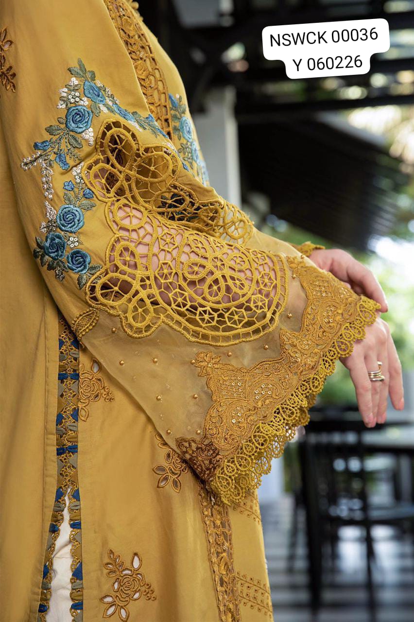 Mustard Heavy Embroidered Chikenkari (cotton) Unstitched 3 piece suit