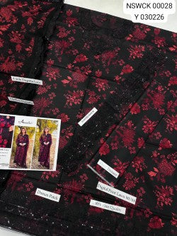 Black and red embroidered printed lawn - 3 piece unstitched