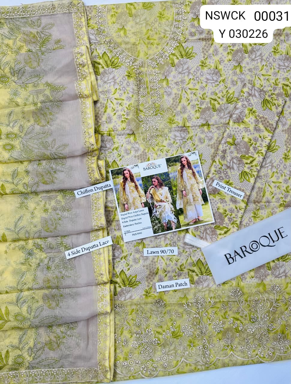 Beige embroidered printed lawn - Unstitched 3 piece