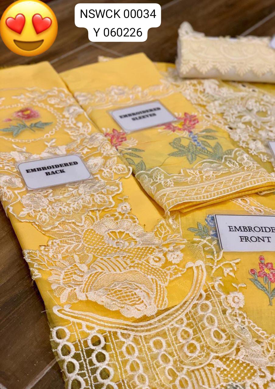 Fancy Yellow Heavy Embroidered Cotton Organza Unstitched 3 piece