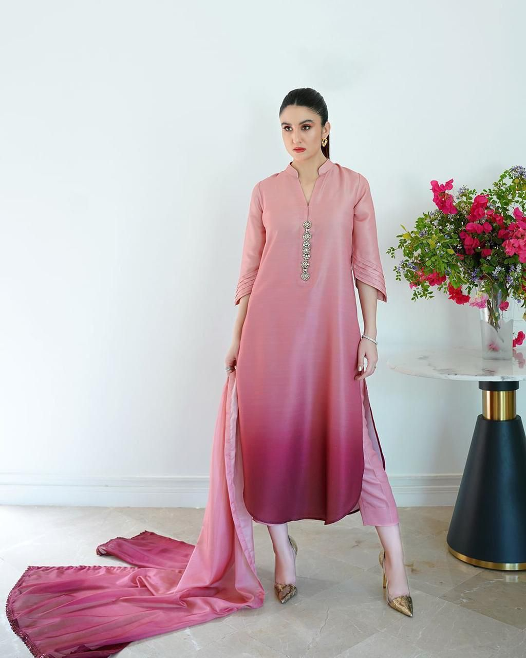 PINK SHADED SILK UNSTITCHED 3 PC