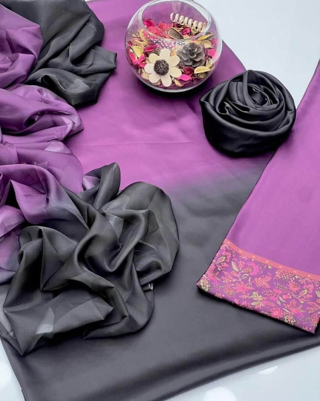 PURPLE BLACK SHADED PRINTED SILK UNSTITCHED 3 PC