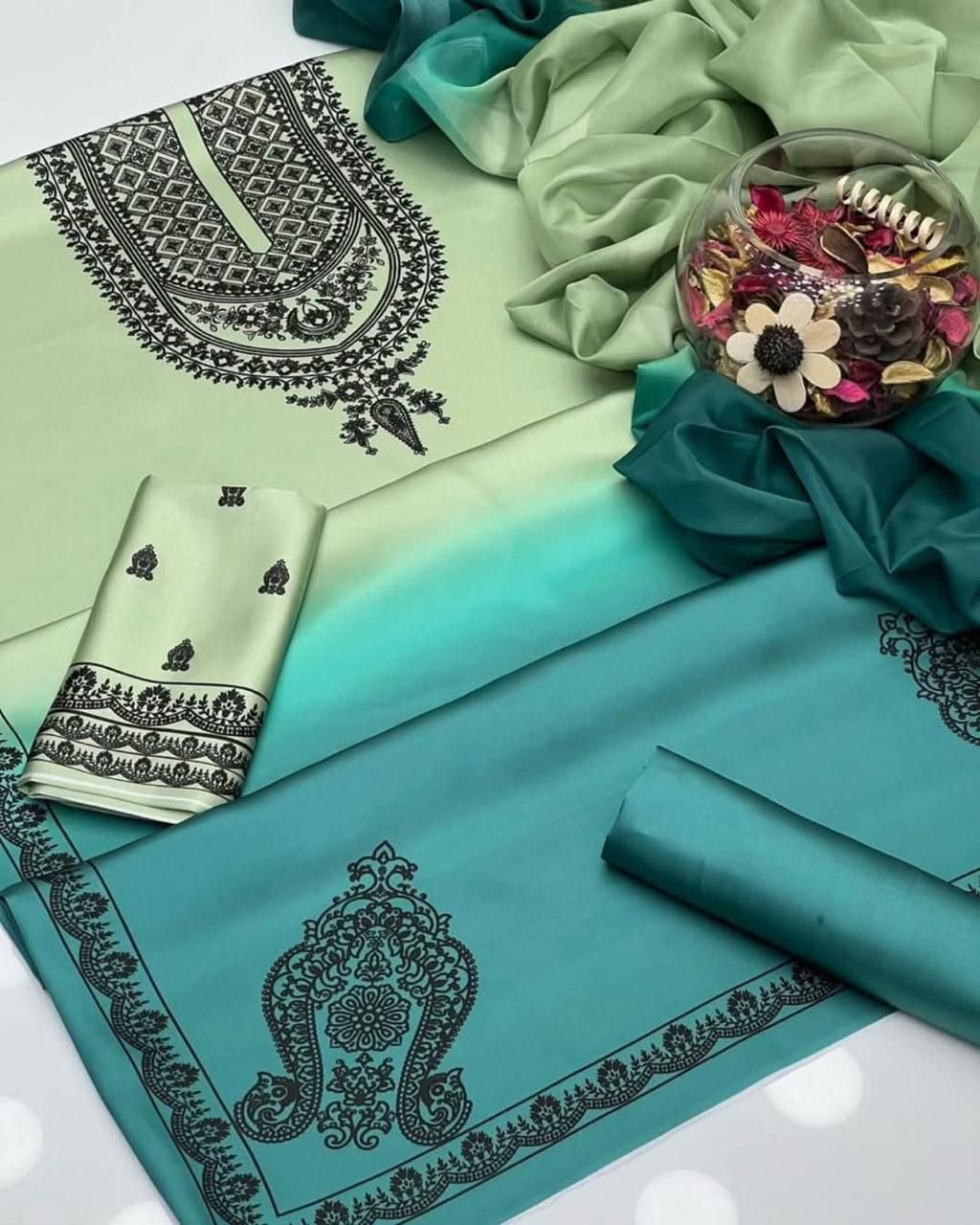Green Silk Printed Unstitched 3 PC