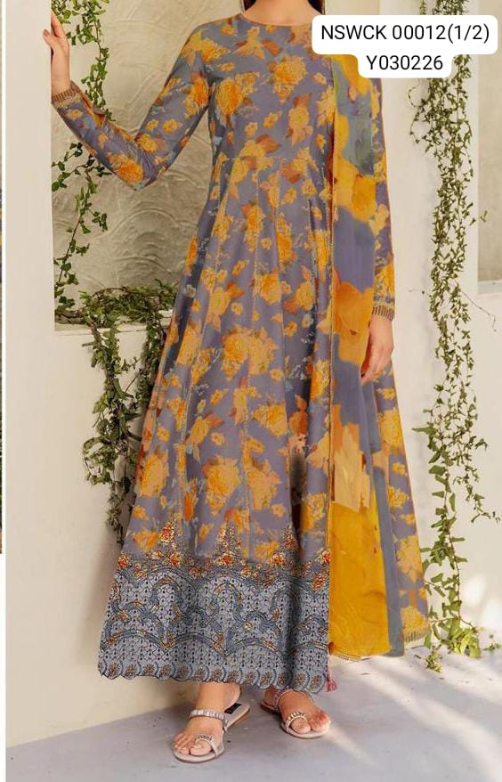 Grey Heavy Apliq Lawn Printed & Embroided Suit Unstitched 3 piece