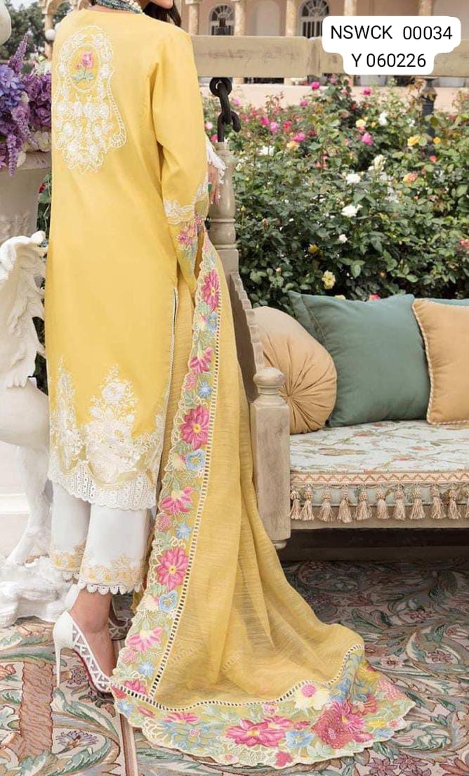 Fancy Yellow Heavy Embroidered Cotton Organza Unstitched 3 piece