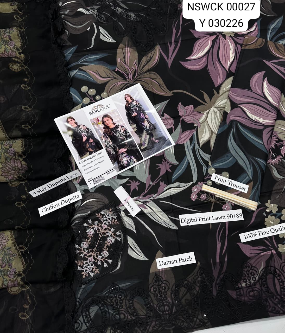 Black embroidered printed lawn - 3 piece unstitched