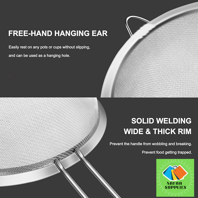 Fine Mesh Tea Strainers Set 3 pieces , Premium Stainless Steel Colanders and Sifters, with Reinforced Frame Sturdy Handle, Perfect for Sift, Strain and Drain Tea, Cofffee, Green Tea, Fresh Milk, Semolina Flour, Poppy Seeds etc - 3 Sizes