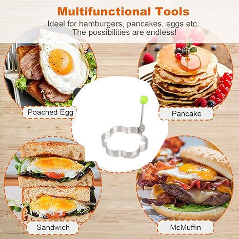 Large 3.5" Stainless Steel Egg Molds Set of 4 Different Shapes (Flower,Round,Heart,Star Shapes), Round Crumpet Ring Mold Shaper for English Muffins Pancake Cooking Griddle - Portable Grill Accessories for Camping Indoor Breakfast Sandwich Burger