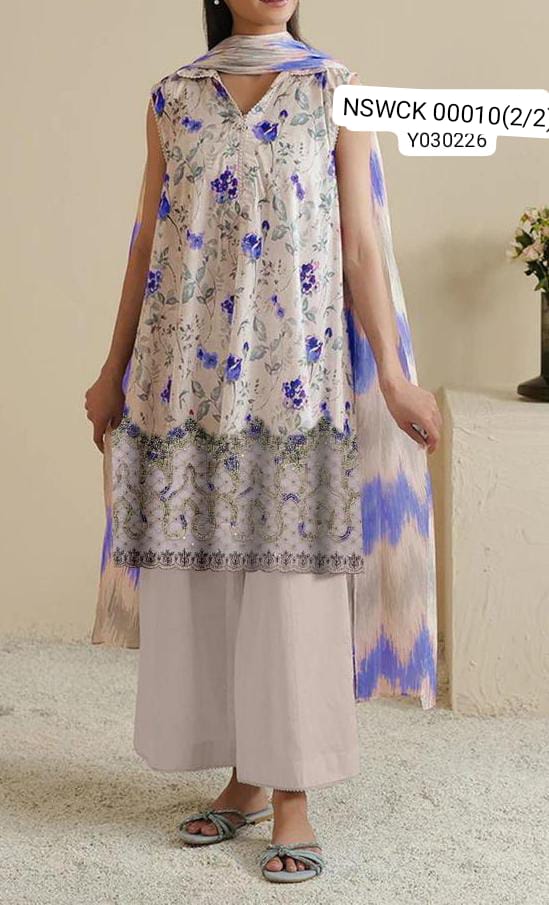 White Heavy Apliq Lawn Printed & Embroided Suit Unstitched 3 piece