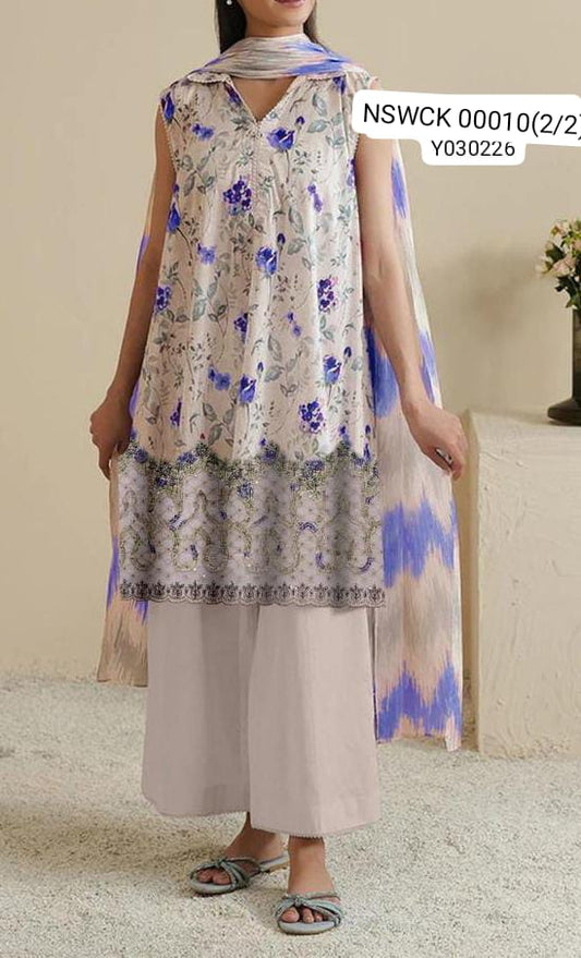 White Heavy Apliq Lawn Printed & Embroided Suit Unstitched 3 piece