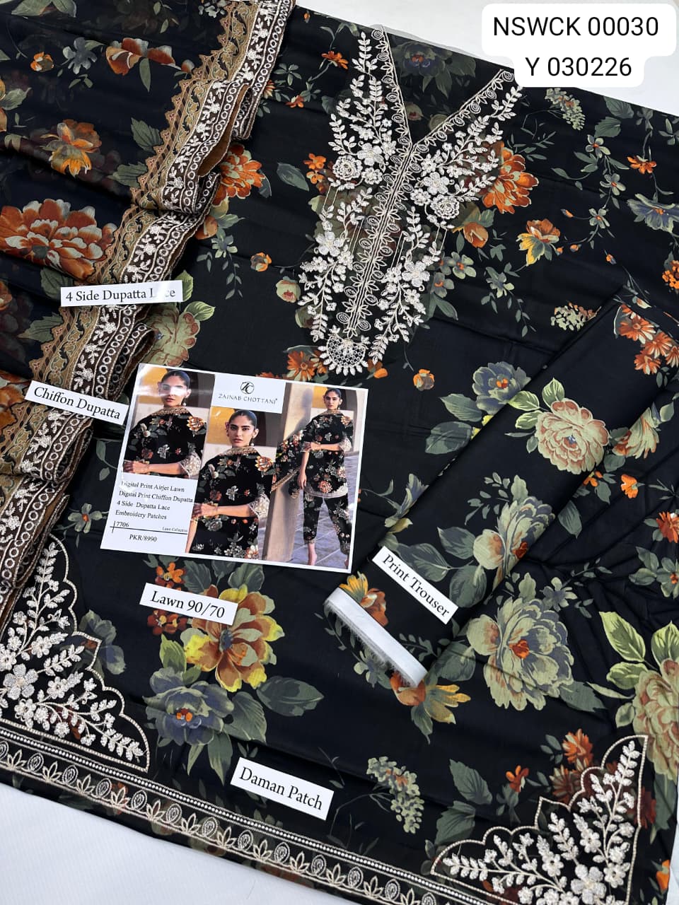 Black embroidered printed lawn - Unstitched 3 piece