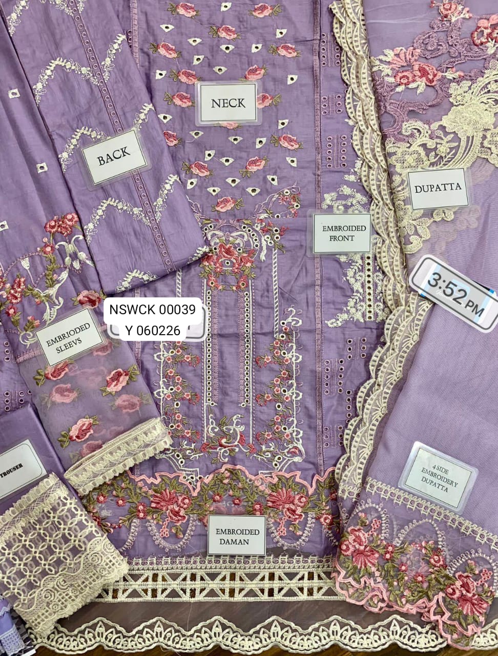 Light Purple Heavily Embroidered Cutwork Cotton net &amp; Lawn Unstitched 3 piece