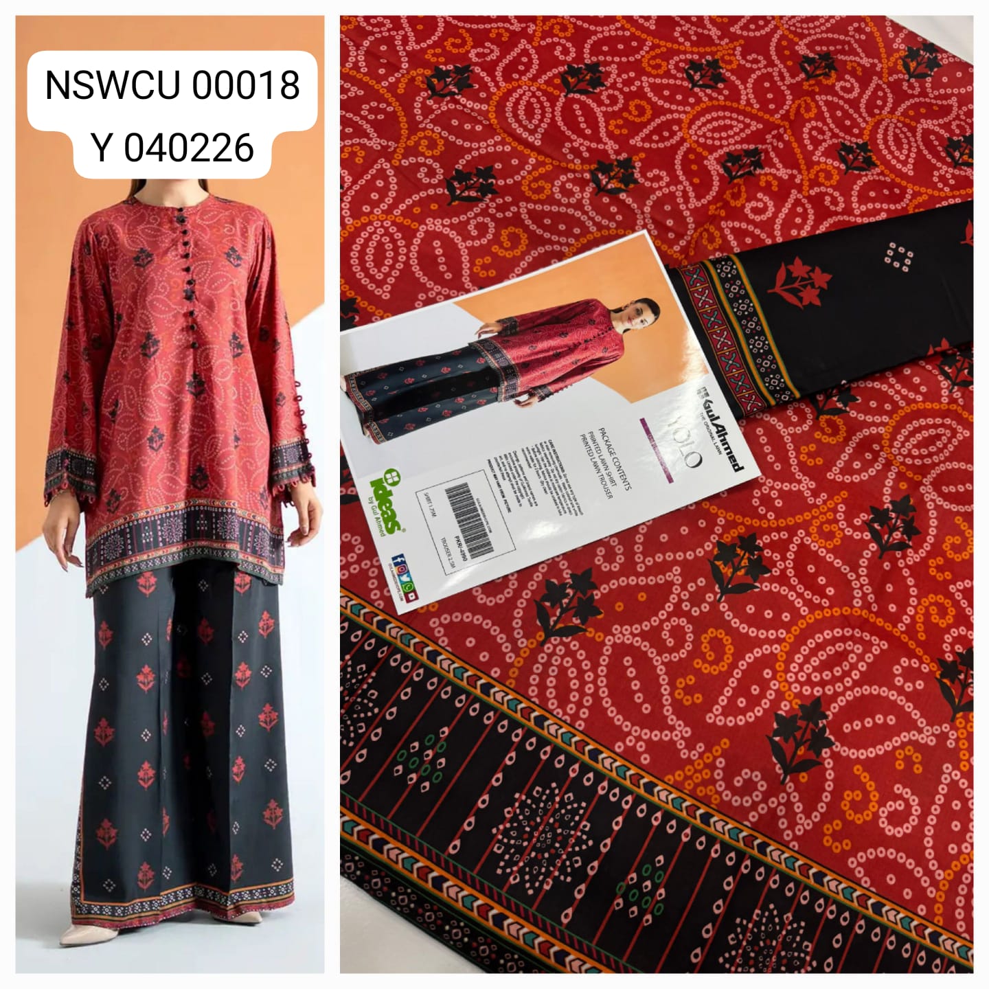 Red Lawn Printed Co Ord set Unstitched 2 piece