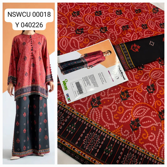 Red Lawn Printed Co Ord set Unstitched 2 piece