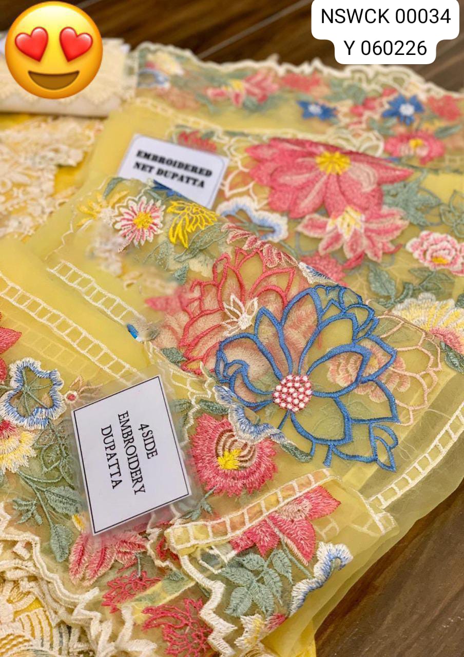 Fancy Yellow Heavy Embroidered Cotton Organza Unstitched 3 piece