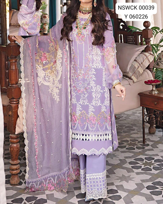 Light Purple Heavily Embroidered Cutwork Cotton net &amp; Lawn Unstitched 3 piece