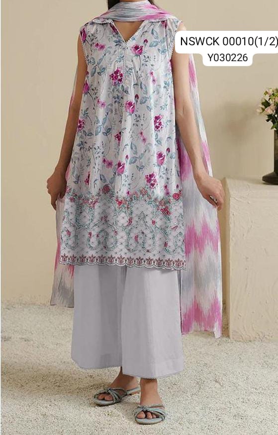 White Heavy Apliq Lawn Printed & Embroided Suit Unstitched 3 piece
