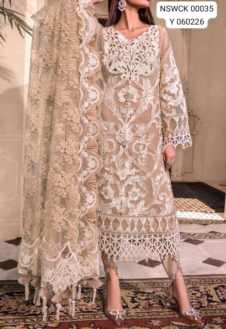 Beige Organza Silk Heavy Embroidered Unstitched 3 piece