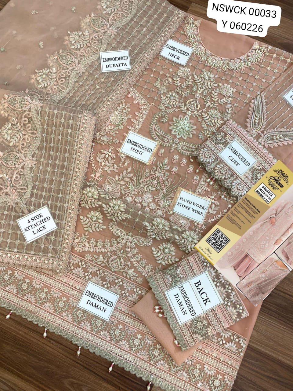 Fancy Peach Organza Silk Heavy Embroidered Unstitched 3 piece