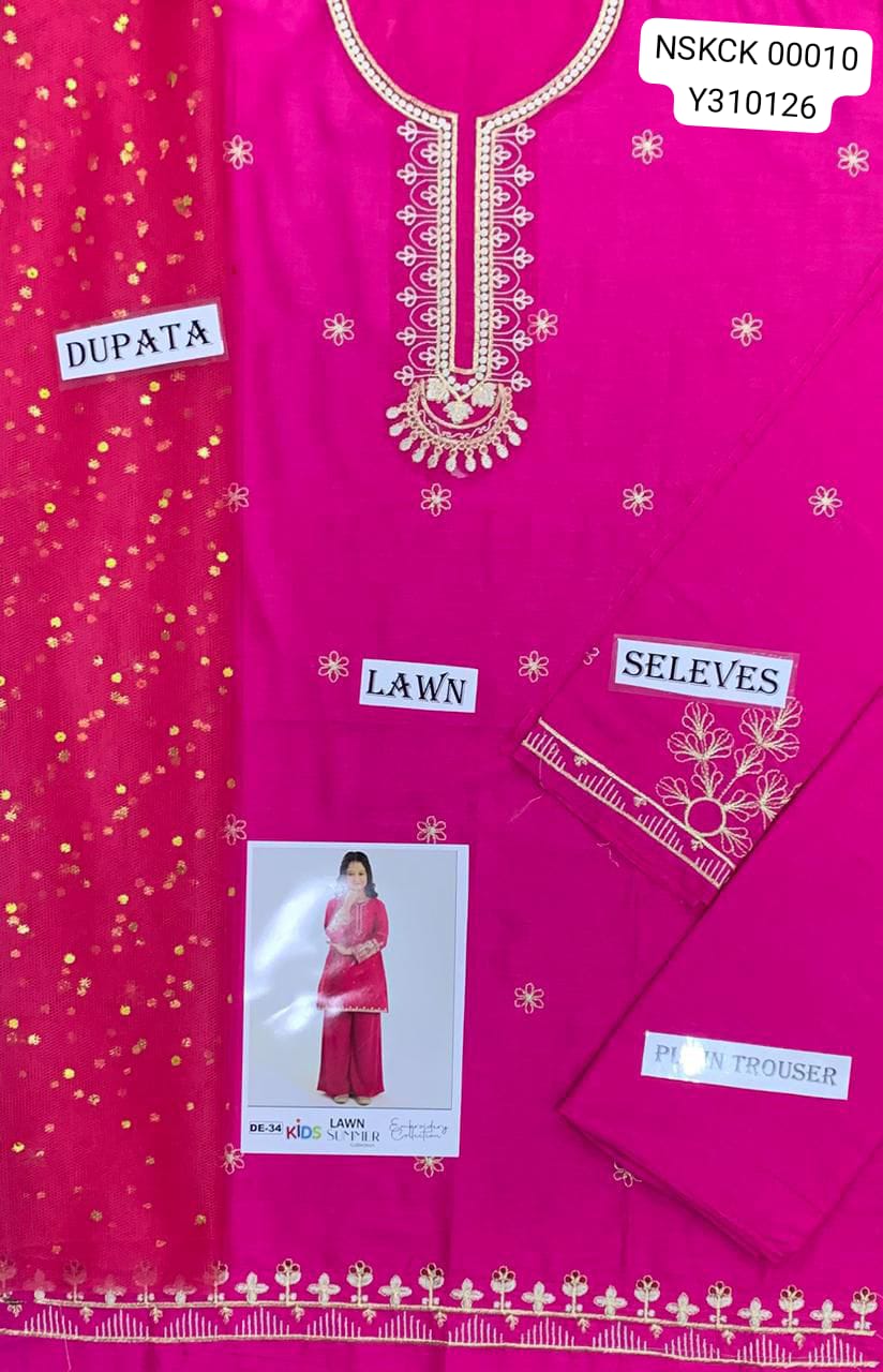 KIDS -Pink Lawn Embroided Suit Unstitched 3 piece