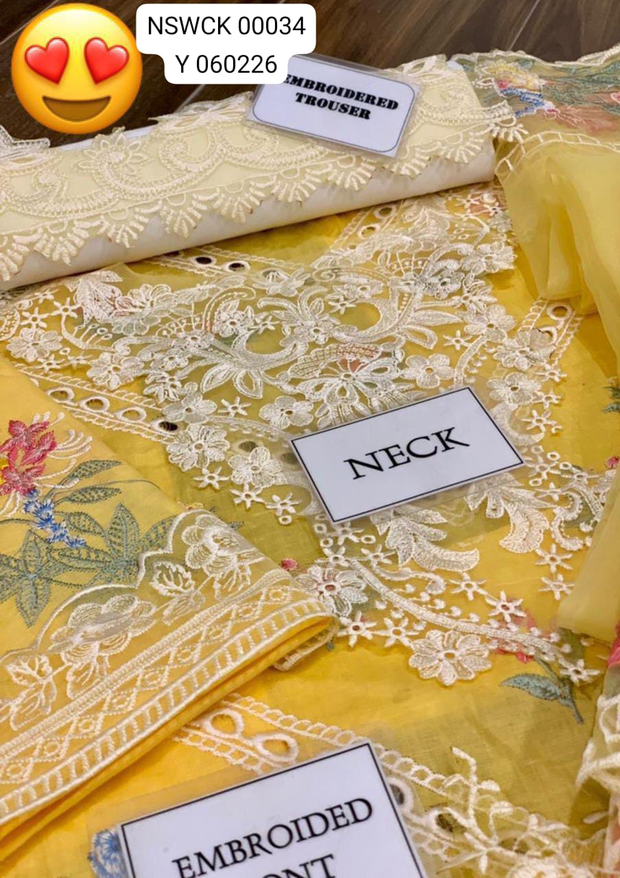 Fancy Yellow Heavy Embroidered Cotton Organza Unstitched 3 piece