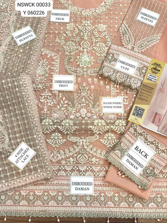 Fancy Peach Organza Silk Heavy Embroidered Unstitched 3 piece