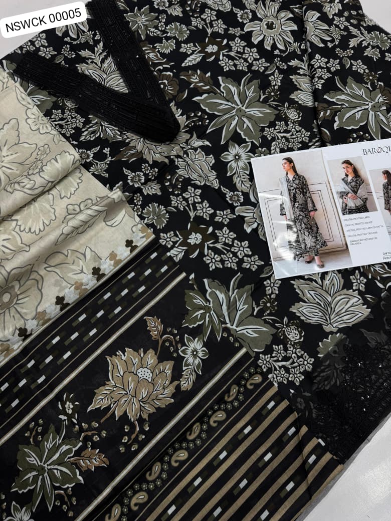 Black Lawn Printed & Embroided Suit Unstitched 3 piece