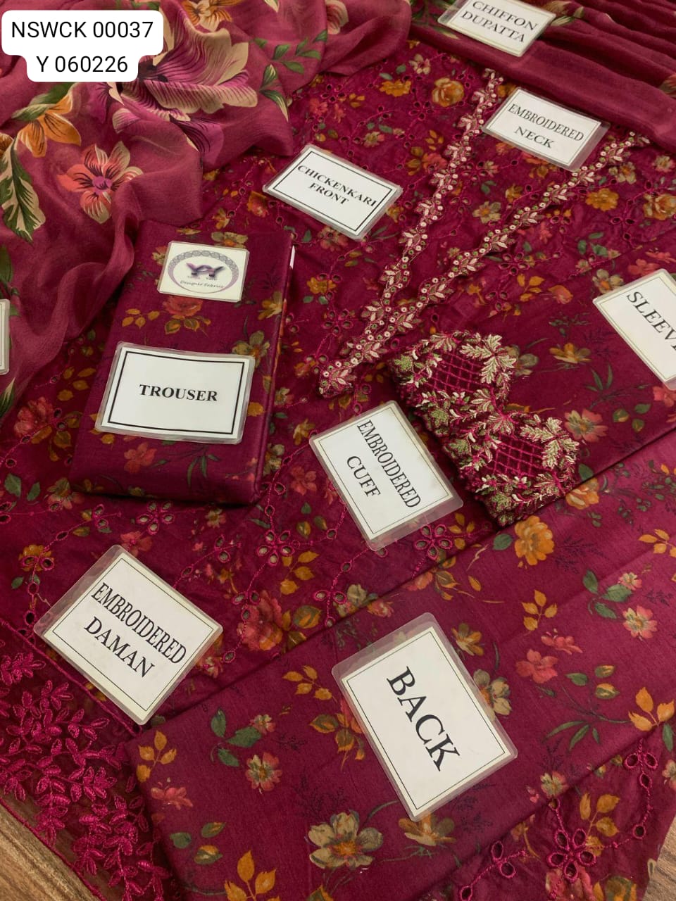 Maroon Chikenkari Embroidered Festive wear Unstitched 3 piece