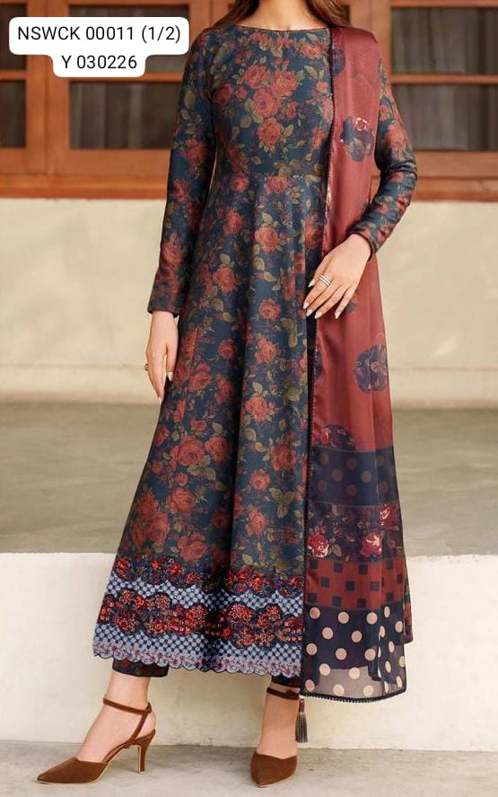 Black Heavy Apliq Lawn Printed & Embroided Suit Unstitched 3 piece
