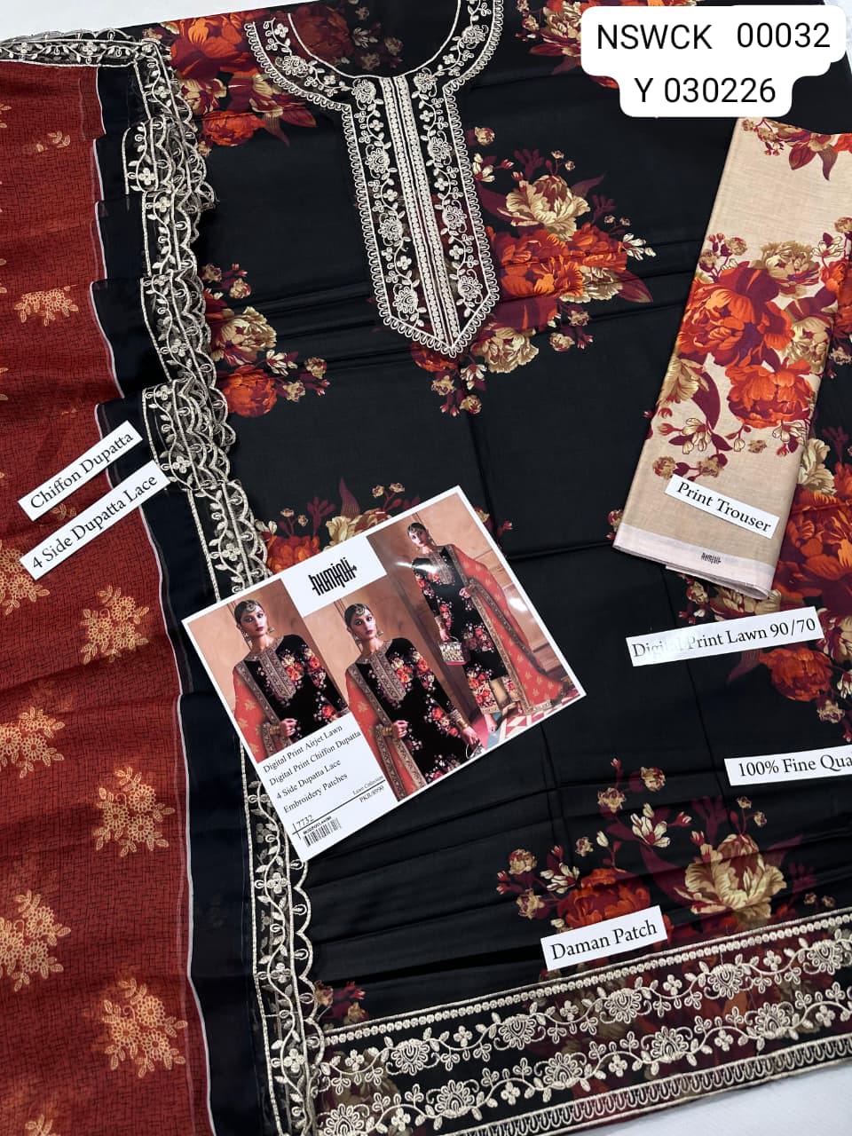 Black & red embroidered printed lawn - Unstitched 3 piece